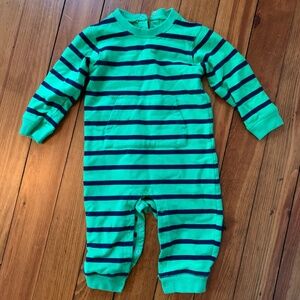 Primary sweatshirt romper in blue green stripes